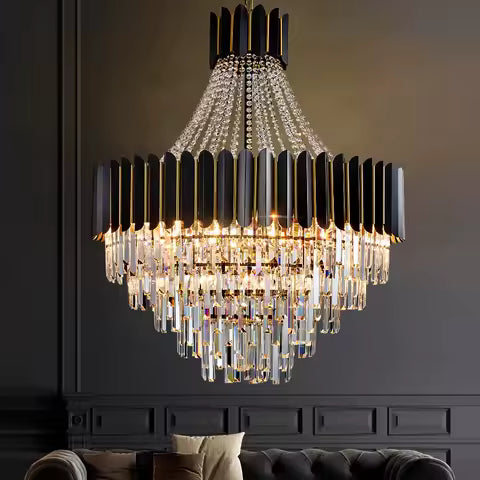 Black and Gold Crystal Chandelier Pendant Light Fixture Flush Mount Ceiling Lighting 3 Tiers Modern Crystal Chandeliers