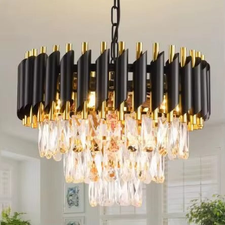 Black and Gold Crystal Chandelier Pendant Light Fixture Flush Mount Ceiling Lighting 3 Tiers Modern Crystal Chandeliers