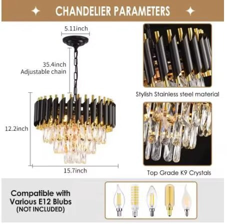 Black and Gold Crystal Chandelier Pendant Light Fixture Flush Mount Ceiling Lighting 3 Tiers Modern Crystal Chandeliers