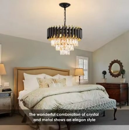 Black and Gold Crystal Chandelier Pendant Light Fixture Flush Mount Ceiling Lighting 3 Tiers Modern Crystal Chandeliers