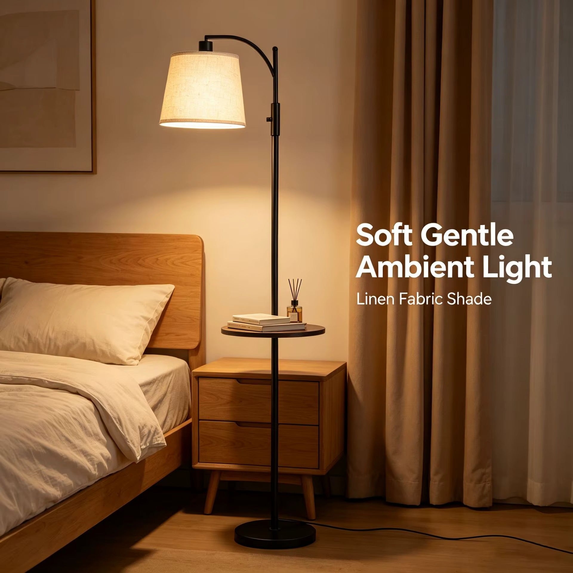 Floor lamp with side table, linen lampshade, E27， Suitable for home decoration in living rooms, bedrooms, sofas, corners, etc