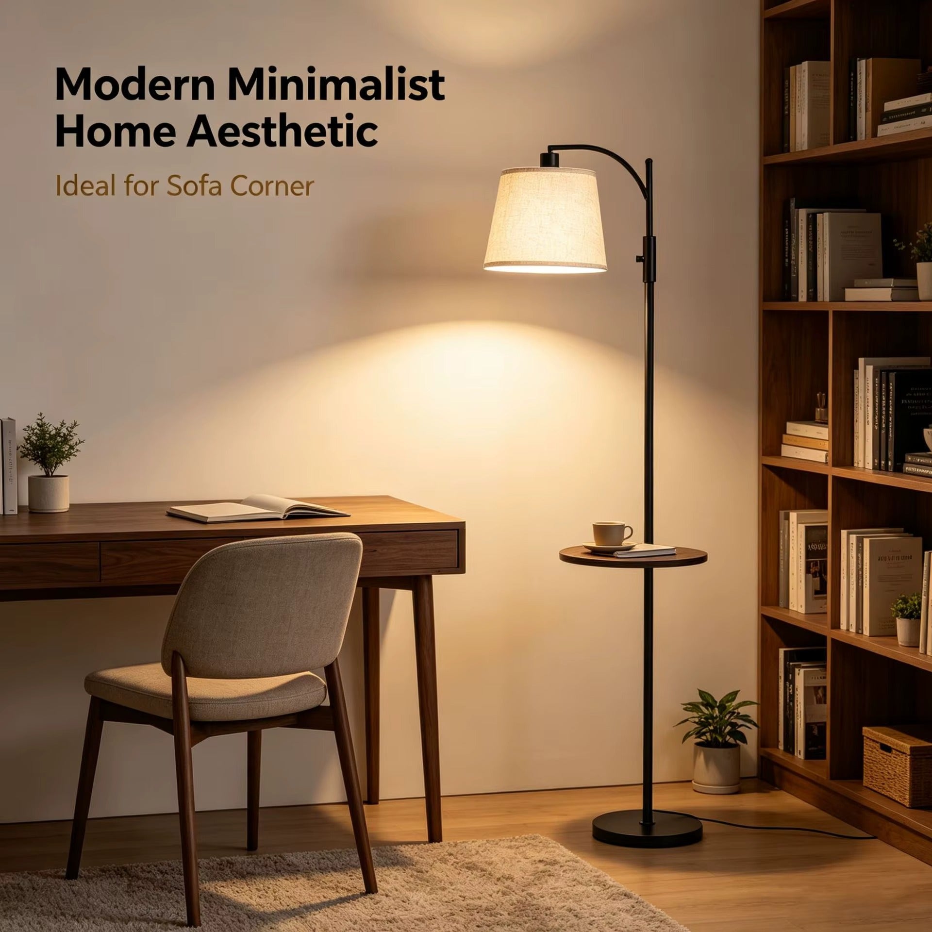Floor lamp with side table, linen lampshade, E27， Suitable for home decoration in living rooms, bedrooms, sofas, corners, etc
