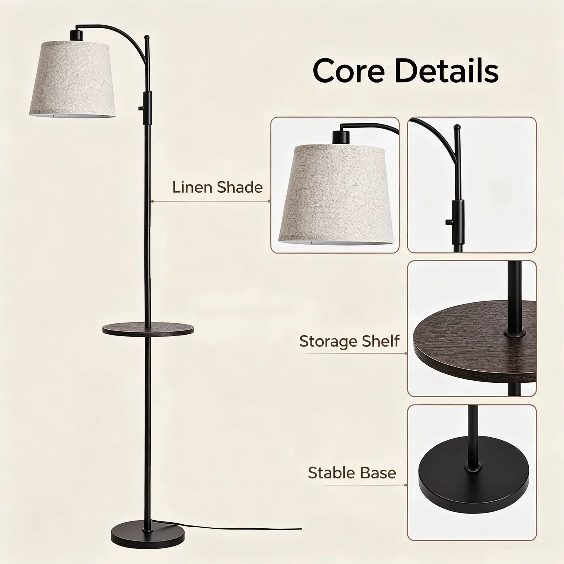 Floor lamp with side table, linen lampshade, E27， Suitable for home decoration in living rooms, bedrooms, sofas, corners, etc